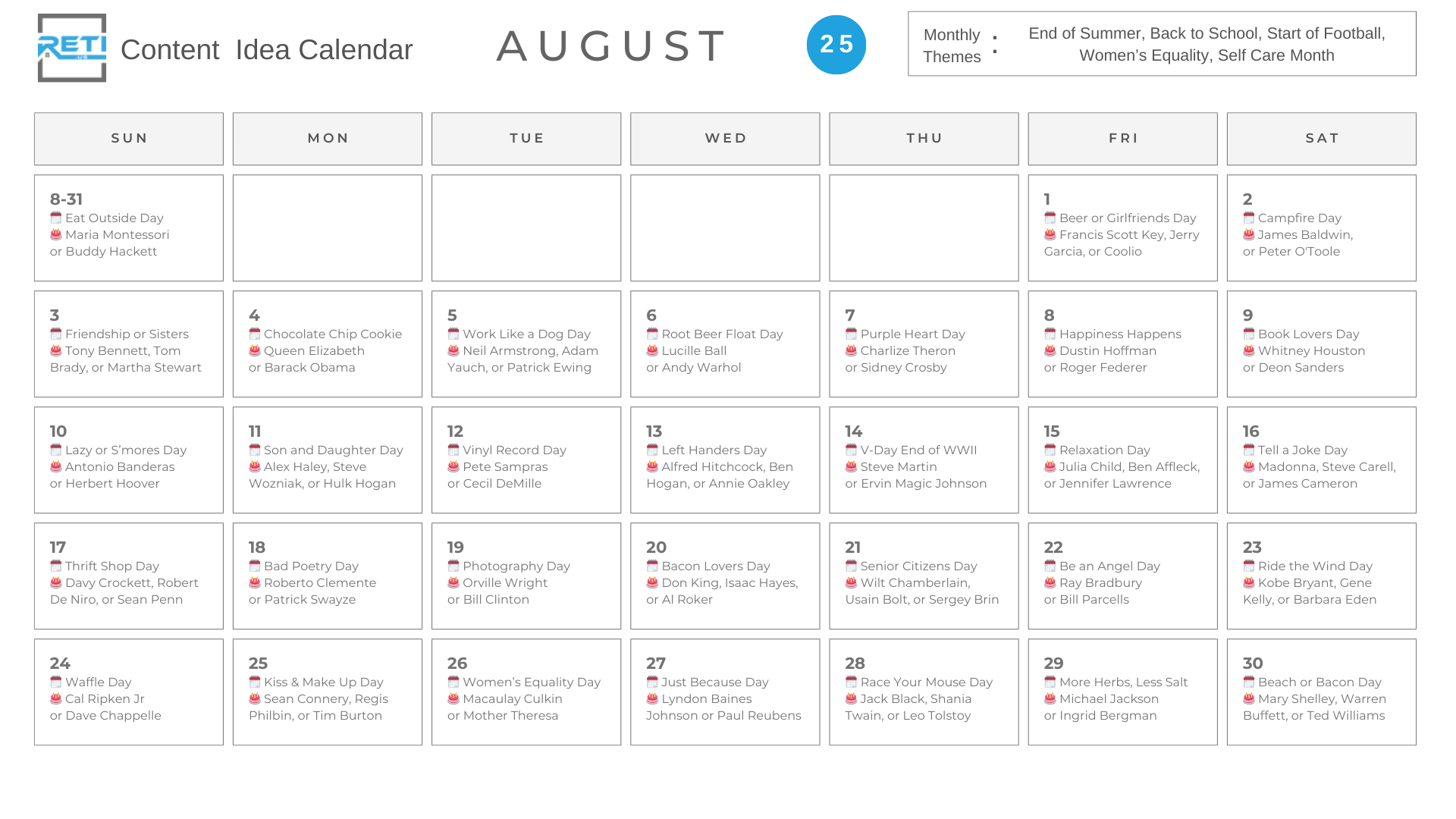 RETI 2025 Content Idea Posting Calendar August
